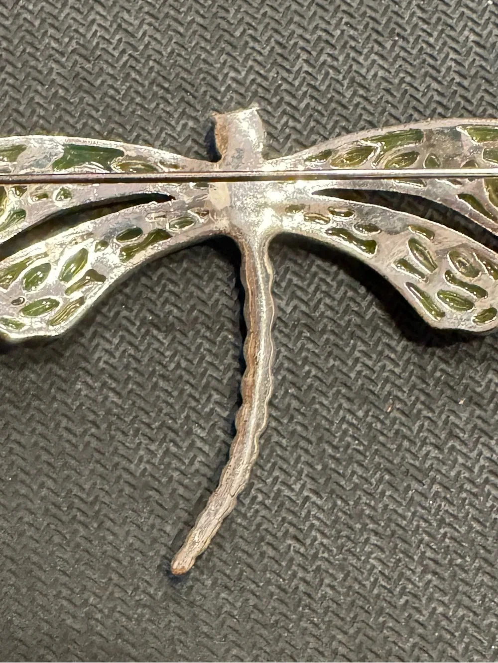 Vintage Silver Tone Dragonfly ft Light Blue Rhinestones & Pale Emerald Wings